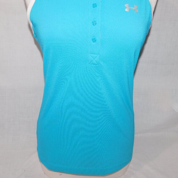 Under Armour heatgear Womens M Blue White Fitted Sleeveless Polo Shirt - Picture 3 of 8